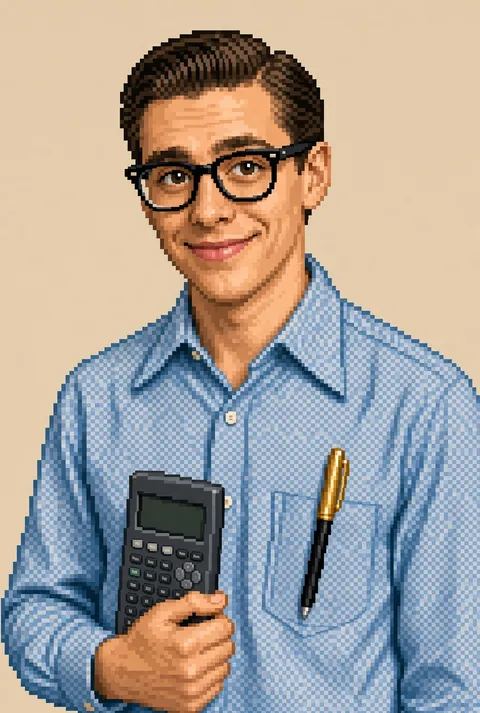 A smiling young man in thick glasses and a light blue shirt, holding a calculator, with a pen in his shirt pocket.