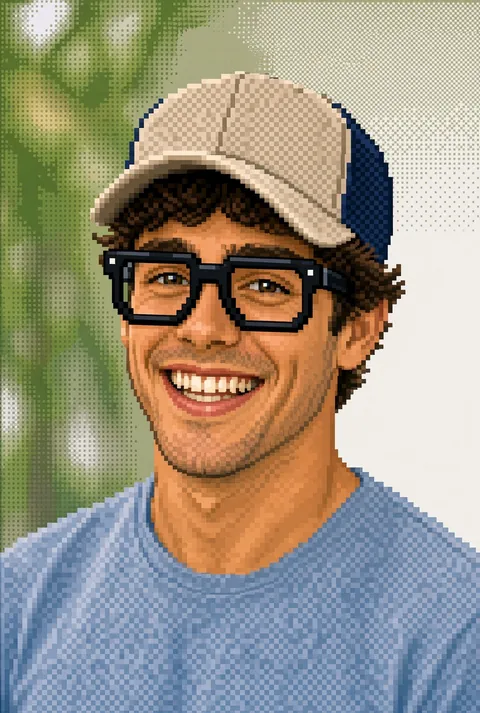 A smiling young man in thick black glasses and a light blue shirt, wearing a beige and blue cap.