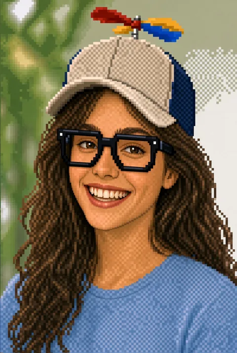 A smiling young woman with long wavy brown hair, thick black glasses and a light blue shirt, wearing a beige and blue cap with a red, yellow and blue propeller.